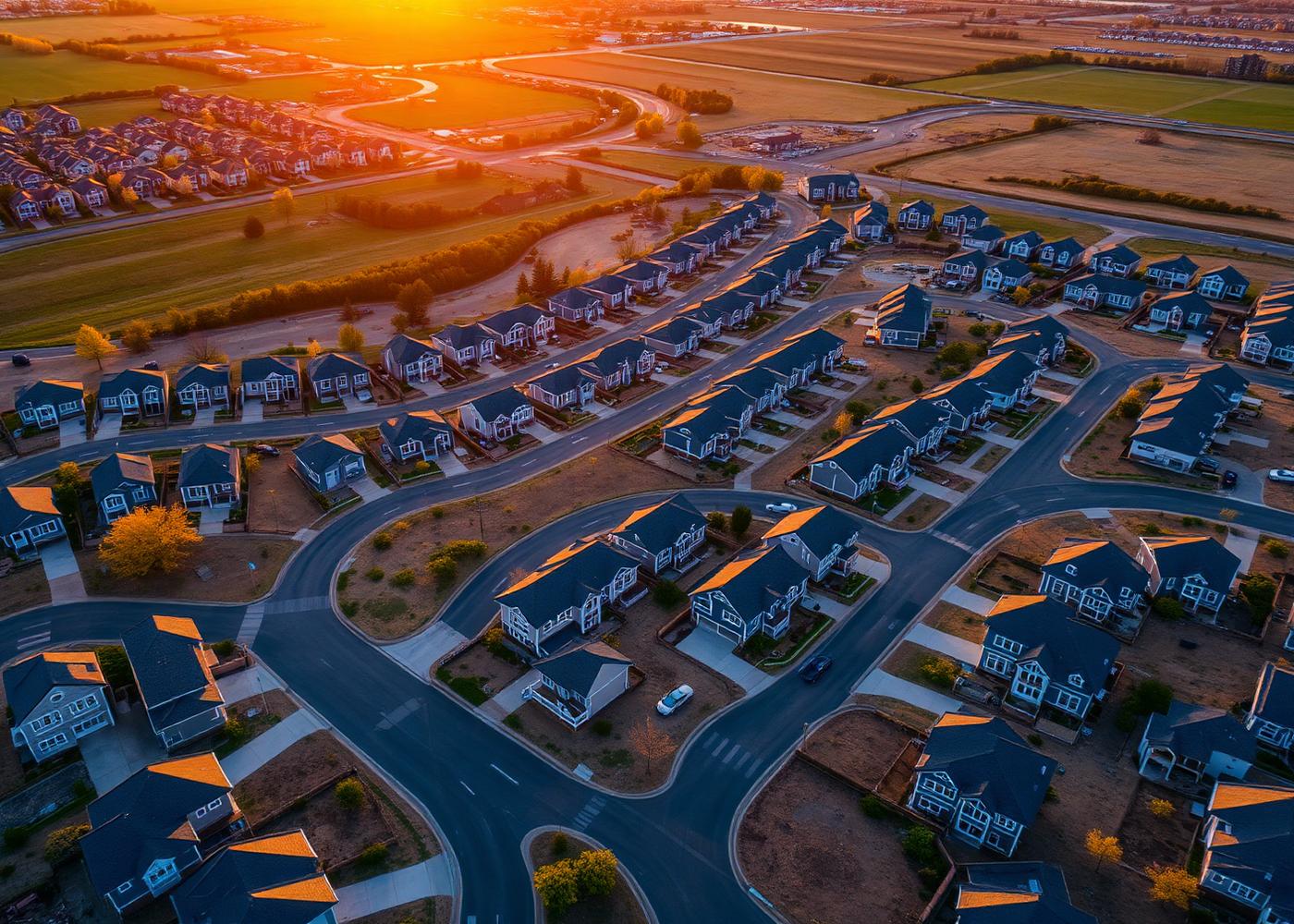 Aerial view of a completed residential neighborhood at sunset