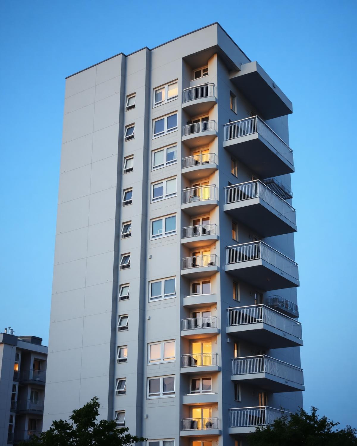 Contemporary mid-rise apartment building at dusk
